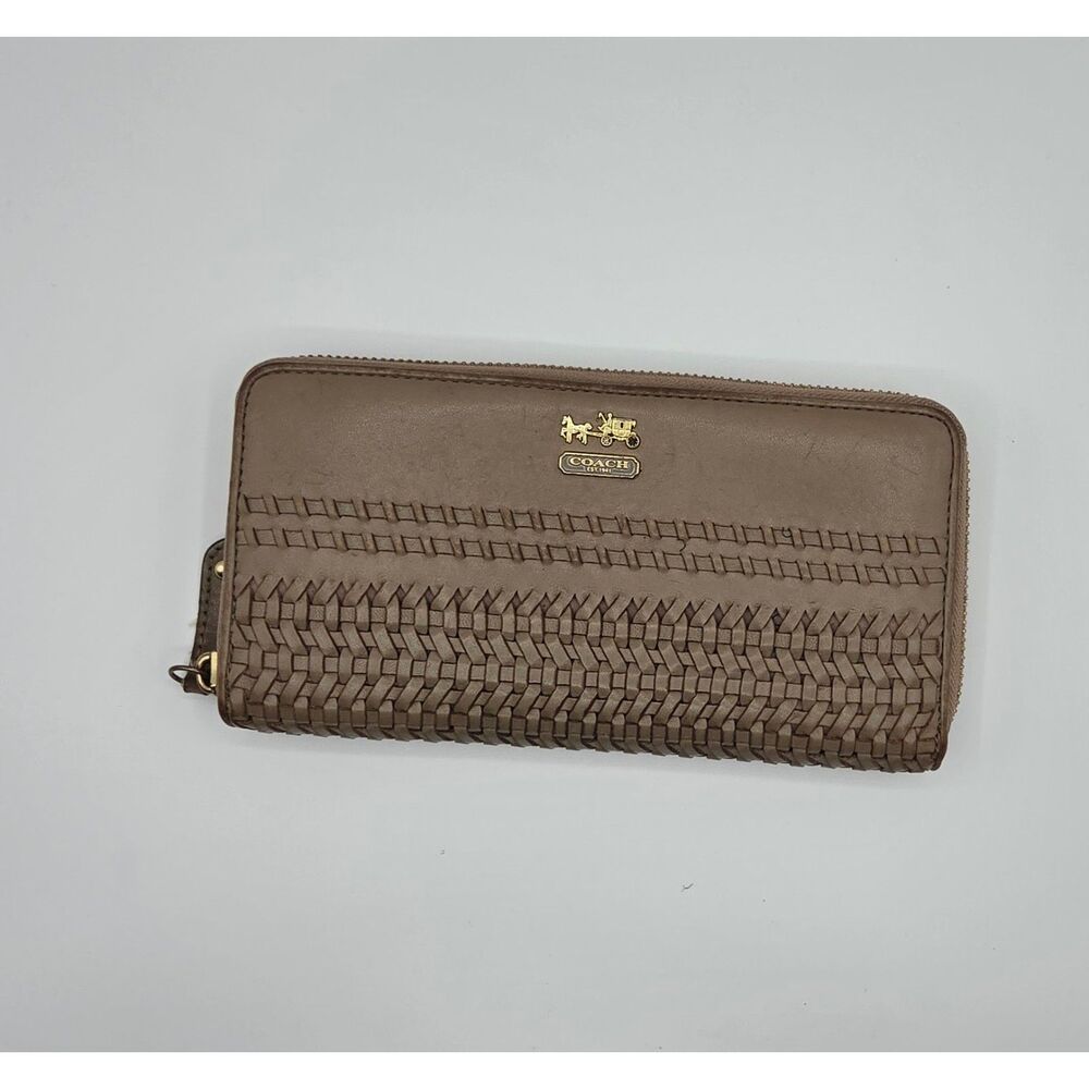 COACH Woven Leather Zip-Around Wallet in Taupe With Gold Hardware
